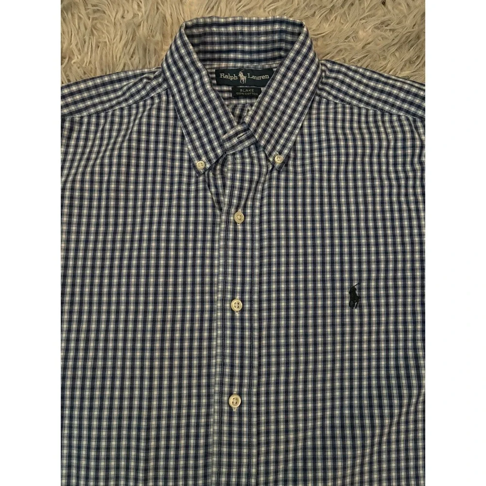 Ralph Lauren Blake Blue White Gingham Check Button Down Shirt Mens Size L Cotton